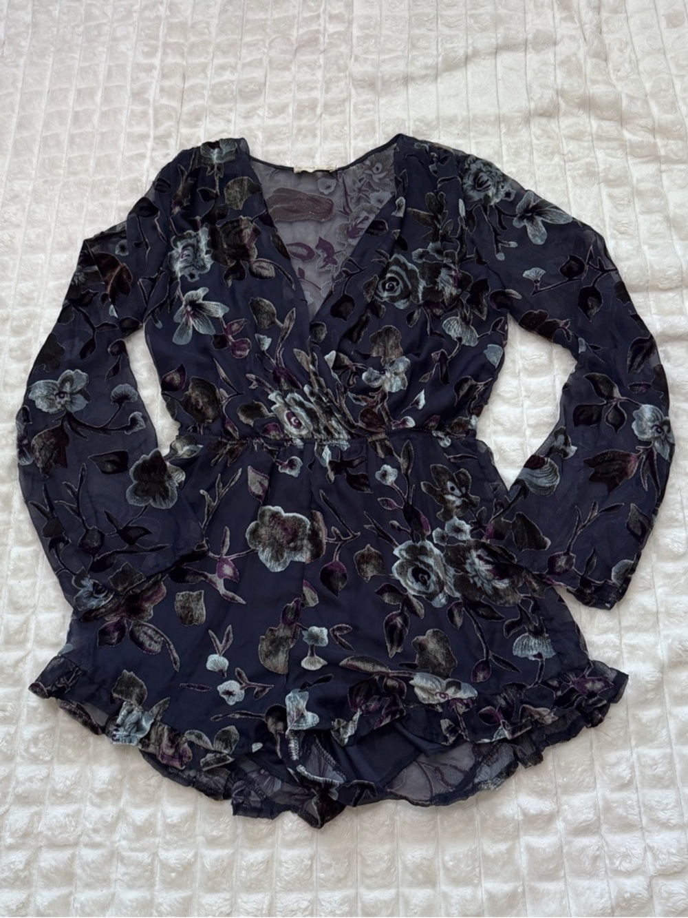 Altar’d State Small Blue Floral Velvet Burnout Ruffled Sheer Long Sleeve Romper